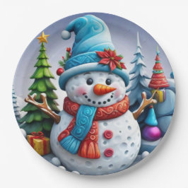 Schneemann in Winterlandschaft - Pappteller