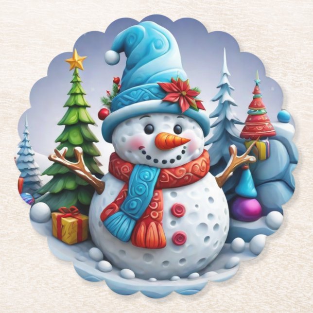 Schneemann in Winterlandschaft -  Untersetzer (Vorderseite)
