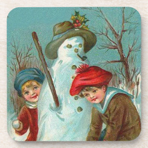 Schneemann Kinder Schnee Stechpalme Getränkeuntersetzer