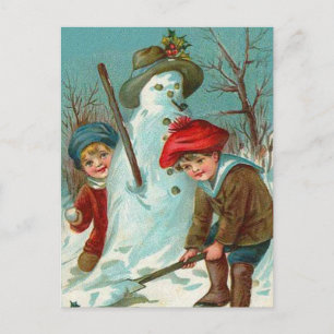 Schneemann Kinder Schnee Stechpalme Postkarte