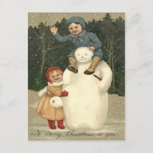 Schneemann Kinder spielen Schneefall Schnee Postkarte