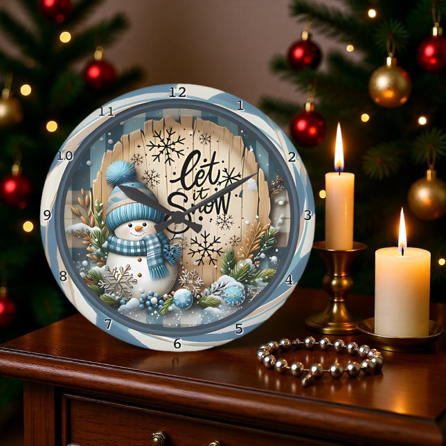 Schneemann Lass es schneien Blau Große Wanduhr (Von Creator hochgeladen)