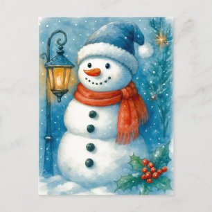 Schneemann-Laternen-Gemütliche-Weihnachts-Wasserfa Feiertagspostkarte