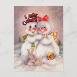 Schneemann liebendes Paar, vintage Urlaubsgruß Postkarte