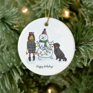 Schneemann, Mädchen und Hund Keramik Ornament