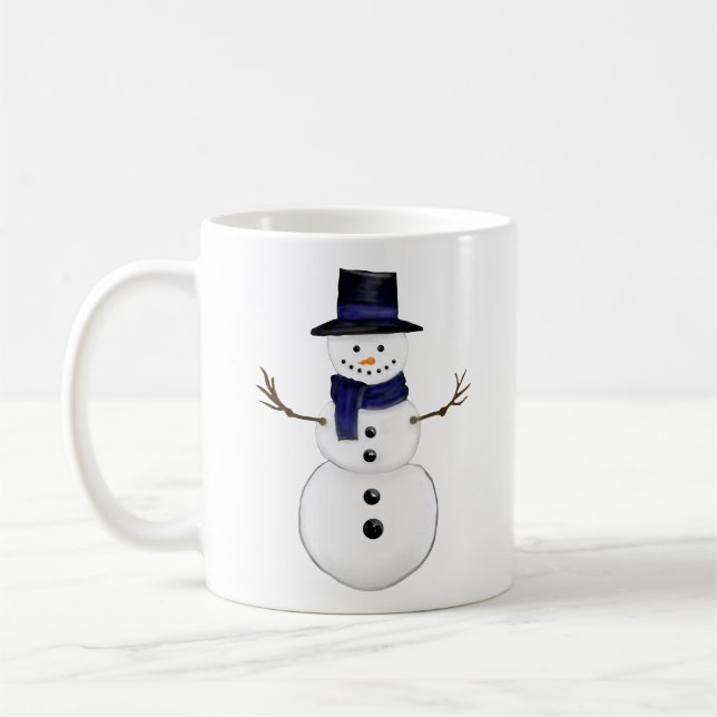 Schneemann mit blauem Schal und passender Mütze Kaffeetasse (Links)