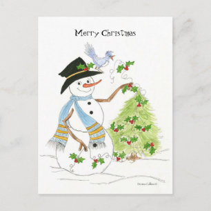 Schneemann mit blauem Vogel Feiertagspostkarte
