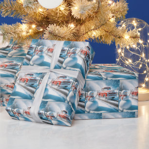 Schneemann mit einem roten Retro-LKW Geschenkpapier