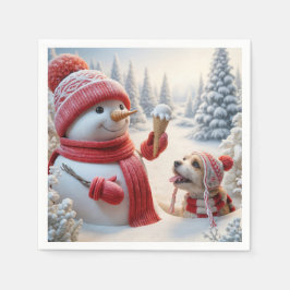 Schneemann mit Eiscreme und Hund Serviette