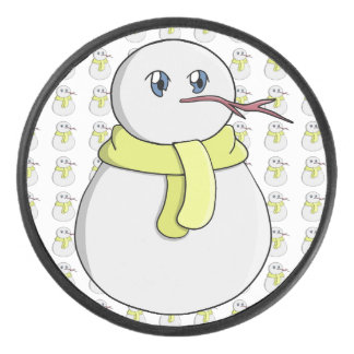 Schneemann mit gelbem Schal Eishockey Puck
