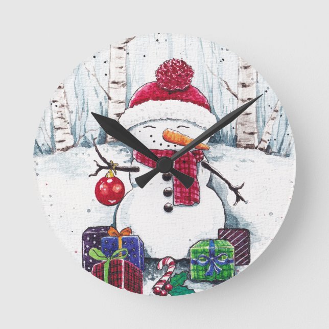 Schneemann mit Geschenken in der Aquarellmauer Runde Wanduhr (Vorderseite)