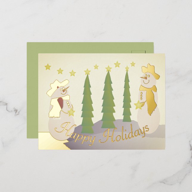 Schneemann mit Goldakzenten Folien Feiertagspostkarte (Vorderseite/Rückseite)