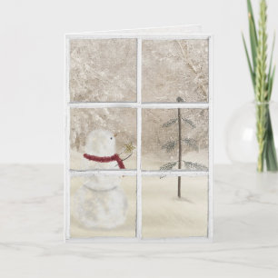 Schneemann mit goldenem Weihnachtsstern im Fenster Karte