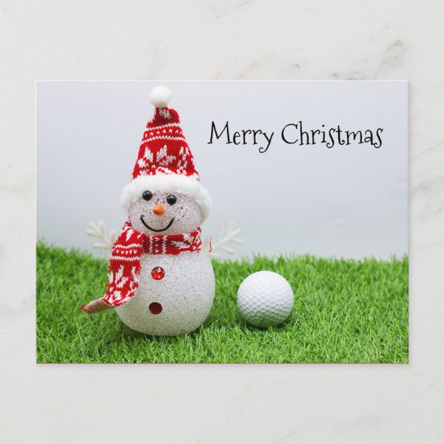 Schneemann mit Golfball auf grünem Gras Weihnachte Postkarte (Vorderseite)