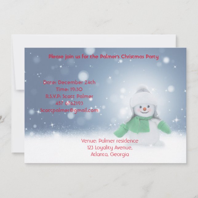 Schneemann mit grünem Schal Einladung (Vorderseite)