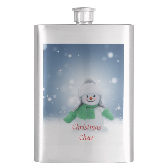 Schneemann mit grünem Schal Flachmann (Vorderseite)