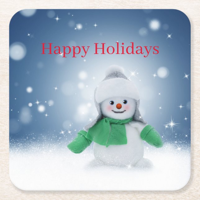 Schneemann mit grünem Schal Rechteckiger Pappuntersetzer (Vorderseite)