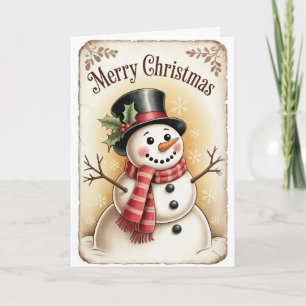 Schneemann mit Hut mit Stechpalme und gestreifter Karte