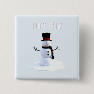 Schneemann mit Hut und Schal. Ich liebe Schnee Button