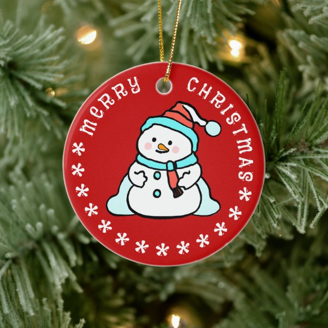 Schneemann mit Individuelle Name | Niedlich Keramik Ornament (Baum)