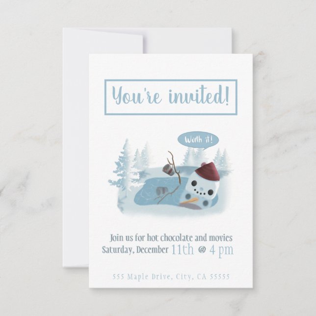 Schneemann mit Kakao schmelzen Einladung (Vorderseite)