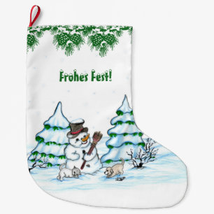 Schneemann mit Katze und Hundewelpe auf Deutsch Großer Weihnachtsstrumpf