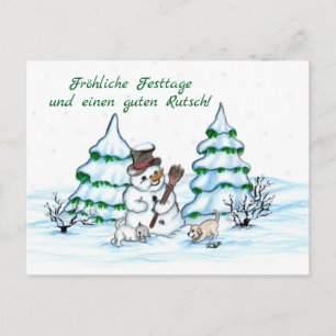 Schneemann mit Katze und Hundewelpe auf Deutsch Postkarte