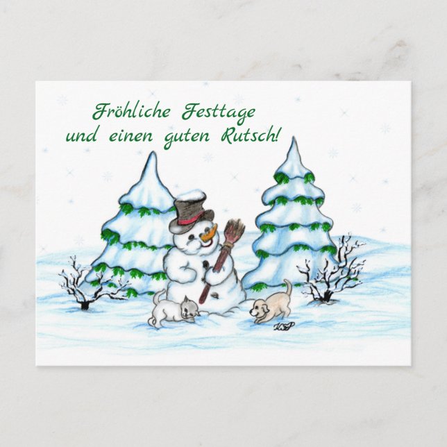 Schneemann mit Katze und Hundewelpe auf Deutsch Postkarte (Vorderseite)