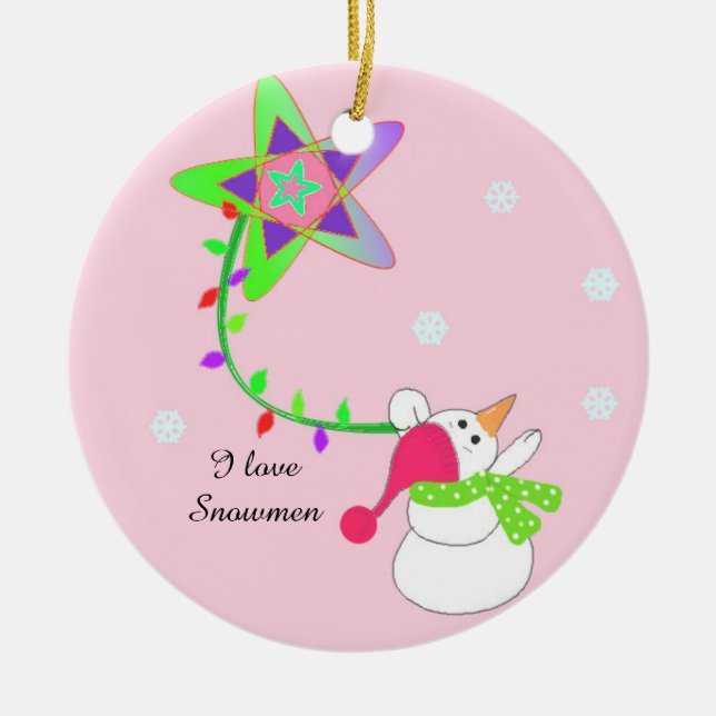 Schneemann mit Lichtern und einem Stern Keramikornament (Vorne)