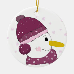 Schneemann mit lila Hut und Schal Keramikornament
