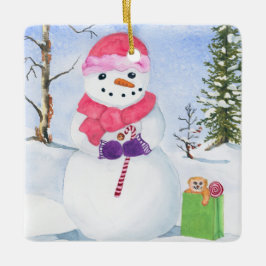 Schneemann mit rosa Schal und Bonbons Ornament