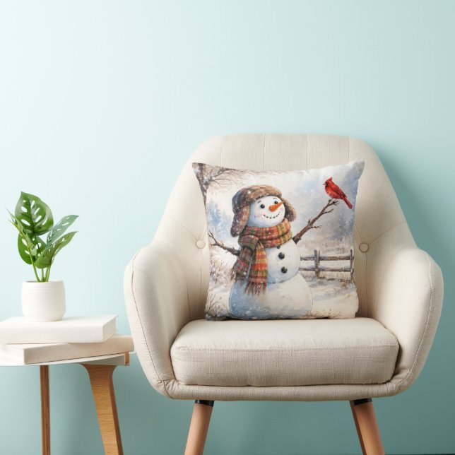 Schneemann mit Rotem Kardinalvogel Kissen (Stuhl )