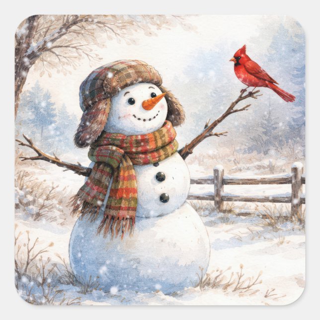 Schneemann mit rotem Kardinalvogel Quadratischer Aufkleber (Vorderseite)