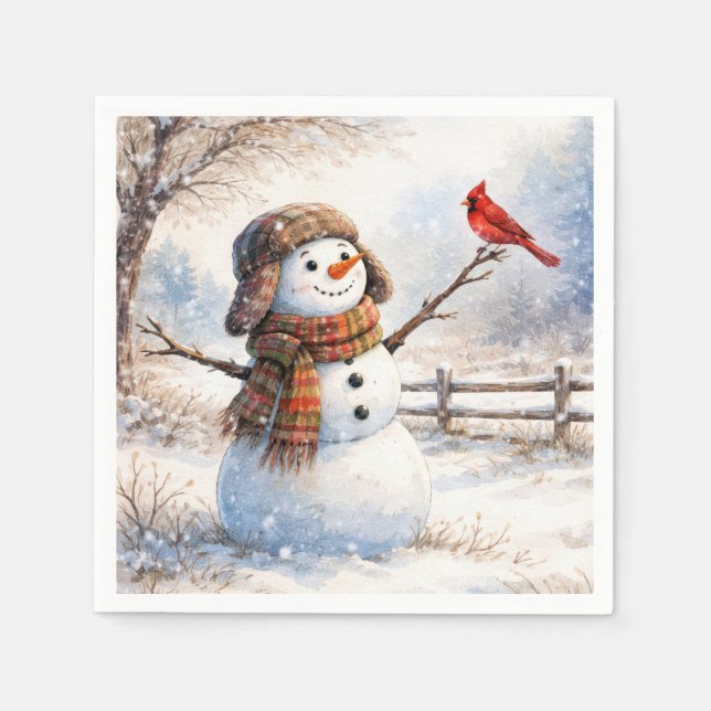 Schneemann mit rotem Kardinalvogel Serviette (Vorderseite)