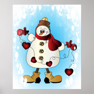 Schneemann mit roten Weihnachtsherzen Poster