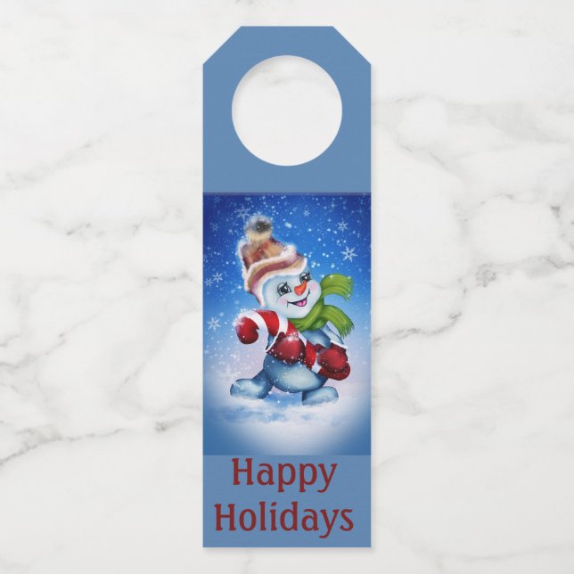 Schneemann mit Schal Flaschenanhänger (Vorderseite)