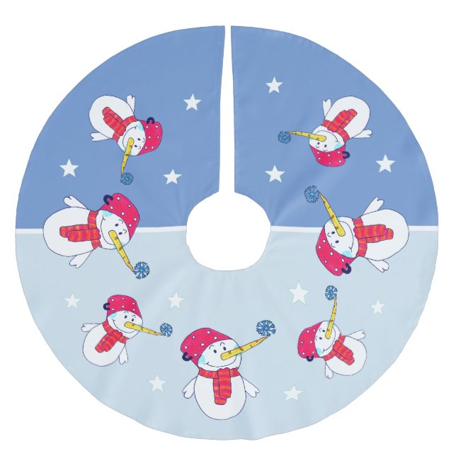 Schneemann mit Schneeflocken Weihnachtsferien Kind Polyester Weihnachtsbaumdecke (Vorderseite)