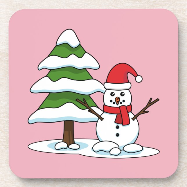 Schneemann mit Snowy Pine Tree Getränkeuntersetzer (Vorderseite)