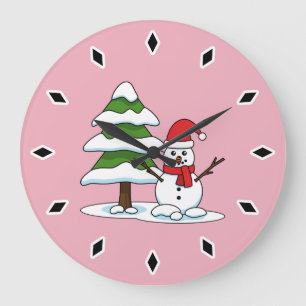 Schneemann mit Snowy Pine Tree Große Wanduhr