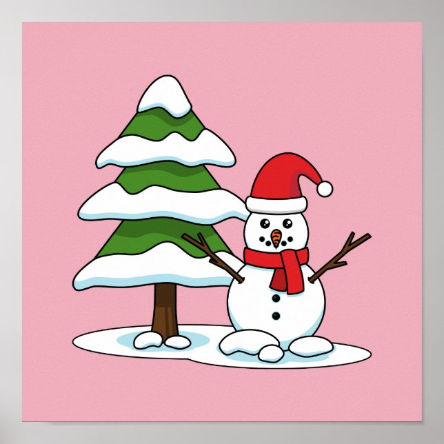 Schneemann mit Snowy Pine Tree Poster (Vorne)