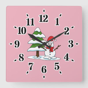 Schneemann mit Snowy Pine Tree Quadratische Wanduhr