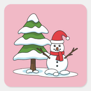 Schneemann mit Snowy Pine Tree Quadratischer Aufkleber