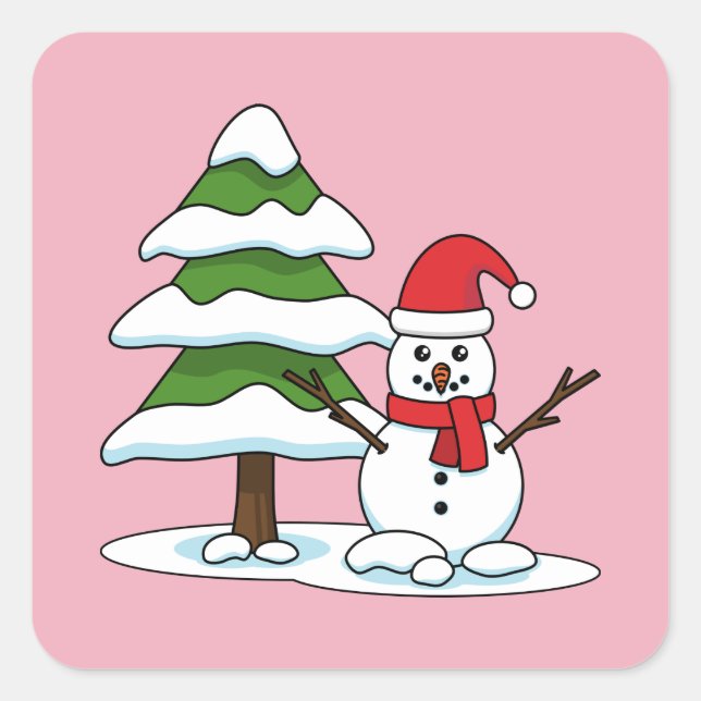 Schneemann mit Snowy Pine Tree Quadratischer Aufkleber (Vorderseite)