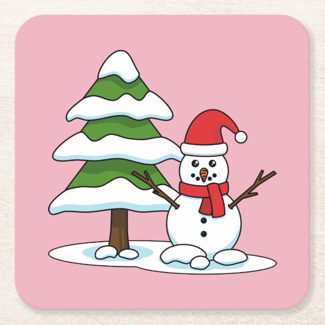 Schneemann mit Snowy Pine Tree Rechteckiger Pappuntersetzer (Vorderseite)