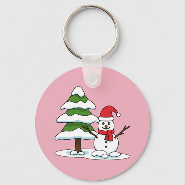 Schneemann mit Snowy Pine Tree Schlüsselanhänger (Vorderseite)