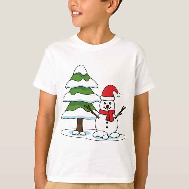Schneemann mit Snowy Pine Tree T-Shirt (Vorderseite)