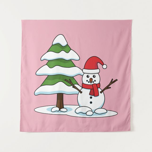 Schneemann mit Snowy Pine Tree Wandteppich (Vorderseite)
