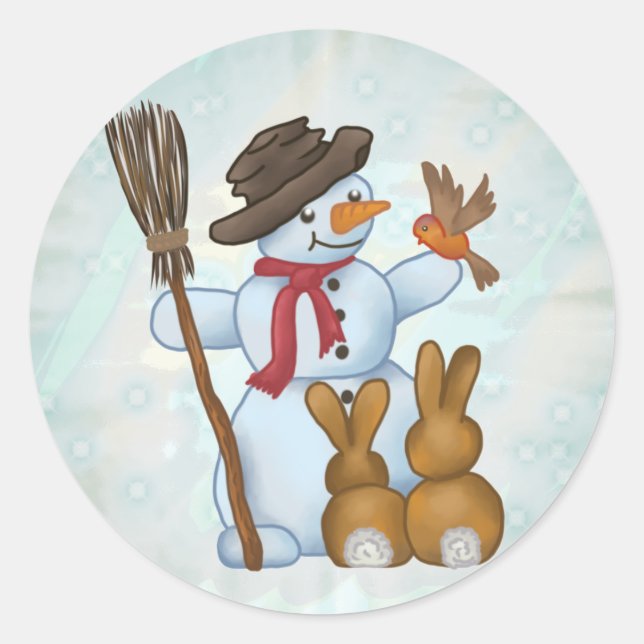 Schneemann mit Tieren  Runder Aufkleber (Vorderseite)