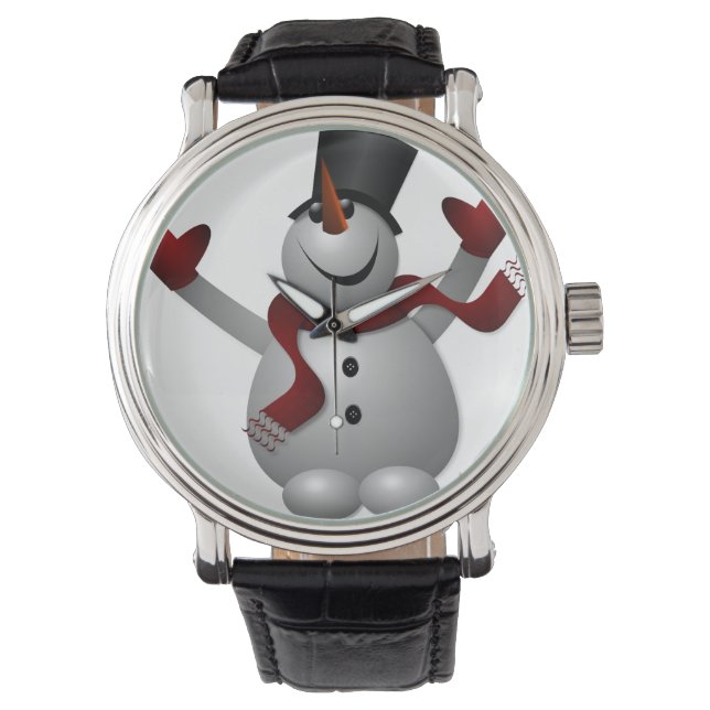 Schneemann mit Vintagem Lederband Red Scarf Schwar Armbanduhr (Vorderseite)