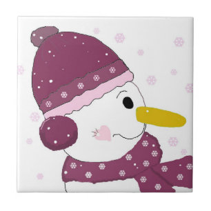 Schneemann mit violettem Schal und Hut Fliese